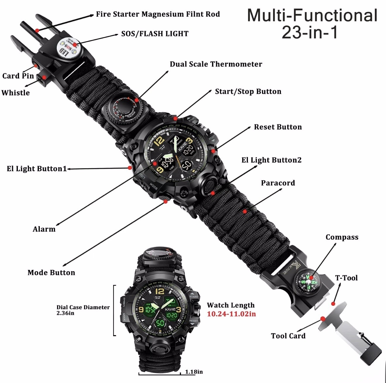 Survival Men’s Tactical Military Digital Watch 23-in-1 Multi-Functional BLACK