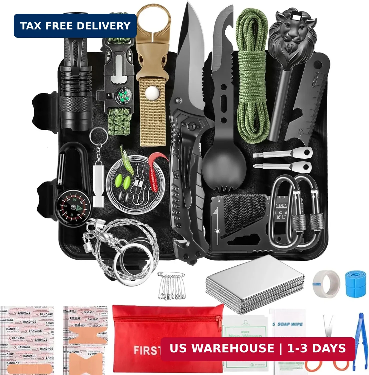 Survival Kit and Emergency Gear – 66 in 1 Outdoor Equipment with First Aid Fire,