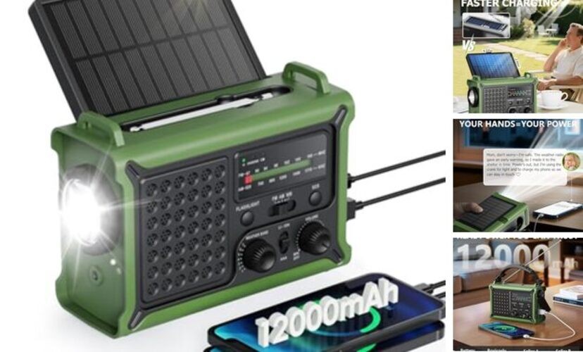 Emergency Weather Radio with Large Solar Panel, Efficient Hand Crank Army Green