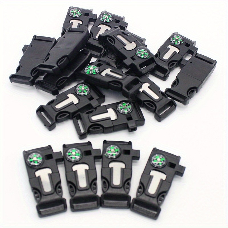 4pcs Outdoor Survival Buckle with Compass Whistle Fire Starter Black Backpack