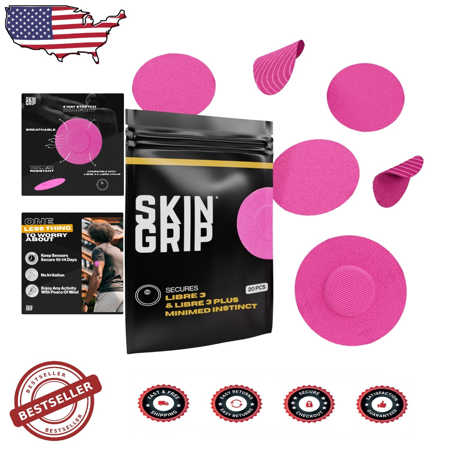 Freestyle Libre 3 Sensor Covers: 20pk Pink Waterproof Sweatproof Adhesive Pat…