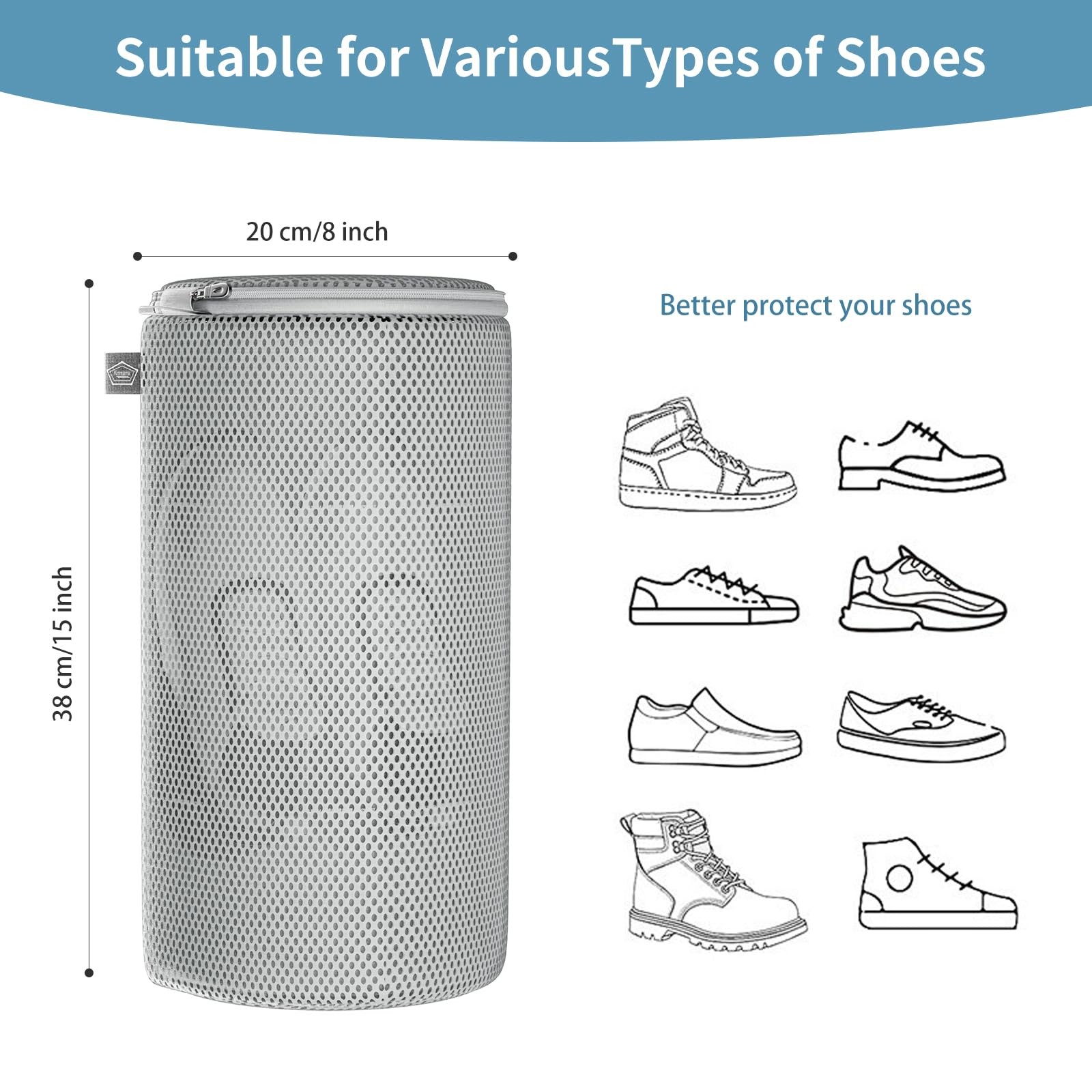 Kimmama Shoe Washing Machine Bag, Bag for 2XL(8x8x15″), Grey