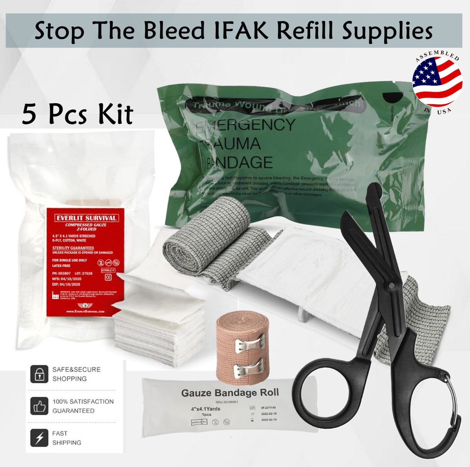 IFAK Refill Kit First Aid Supplies 5Pc Basic Items for Home, Office, School, Car