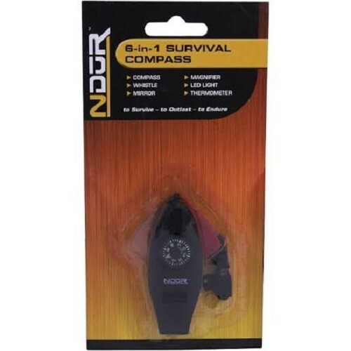 New NDUR 6-in-1 SURVIVAL COMPASS With Whistle Mirror Magnifier LED Light