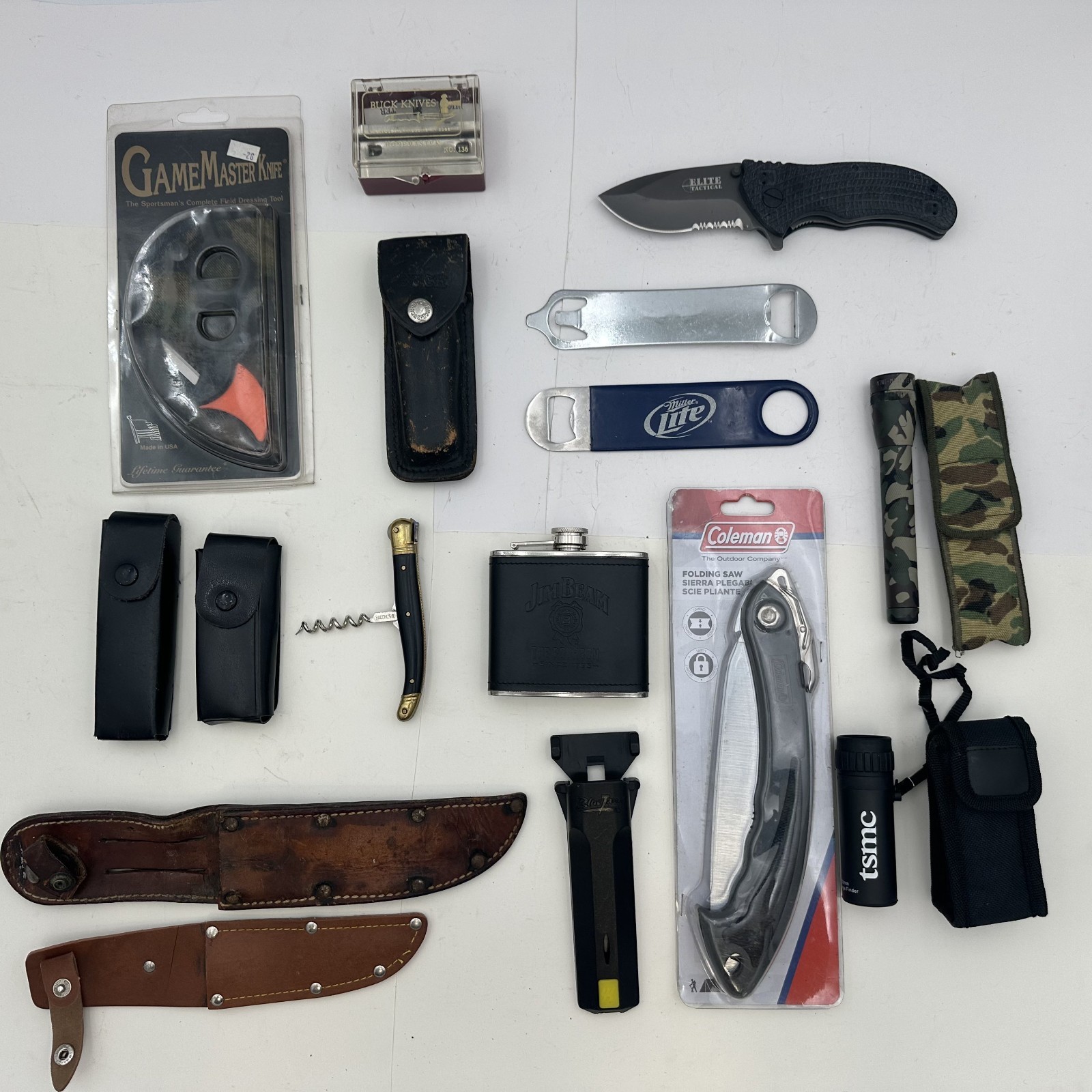 Lot of 16 Misc Camping Fishing Survival Gear Equipment Sheathes Sharpener Knives
