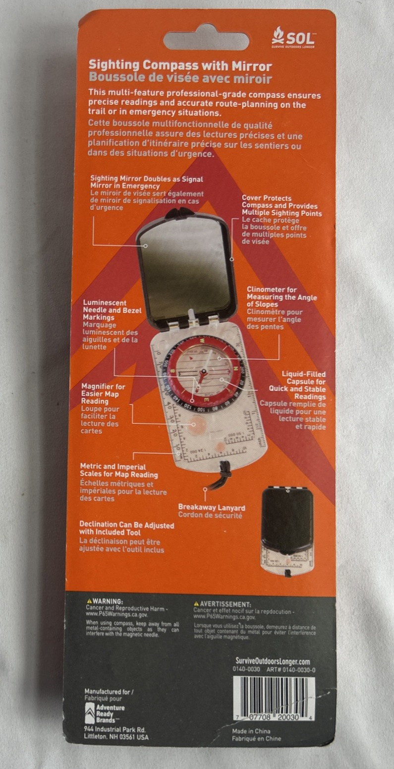 NEW SOL Sighting Compass With Mirror – Glow in the Dark -Breakaway Laynard NEW