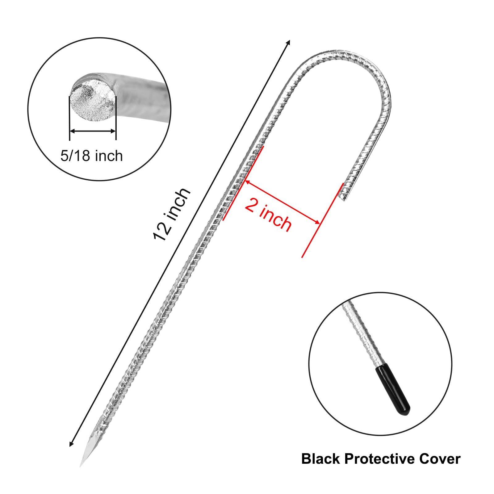 CEWOR 6 Pack 12 Inch Rebar Stakes, J Hook Tent Stakes Heavy J Hook, Silver