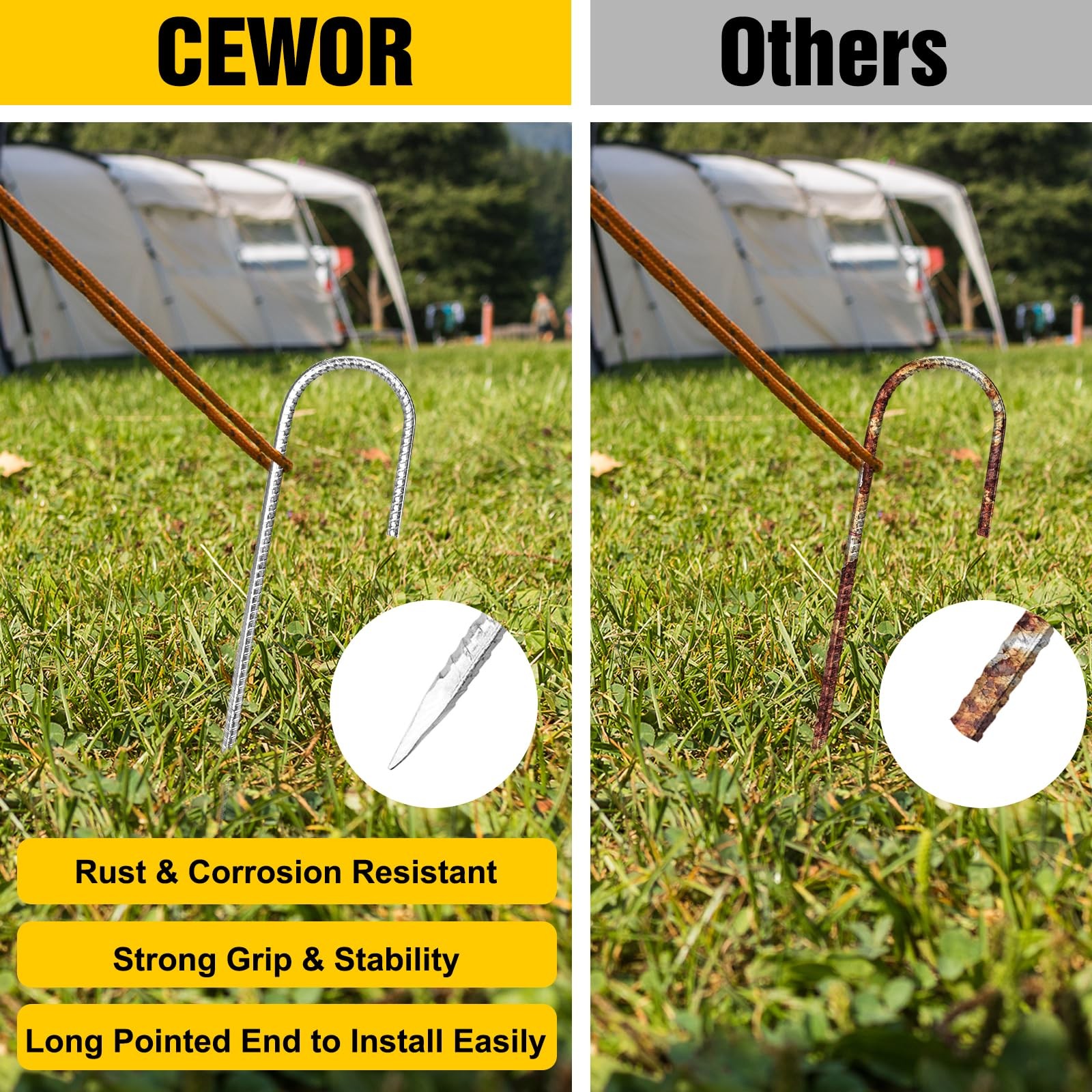 CEWOR 6 Pack 12 Inch Rebar Stakes, J Hook Tent Stakes Heavy J Hook, Silver