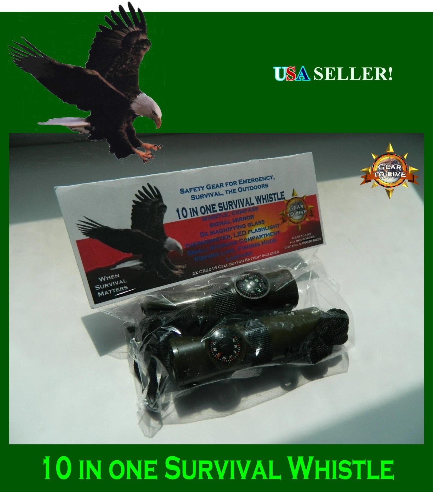 TWO (2) 10 IN 1 SURVIVAL WHISTLES WITH THERMOMETER COMPASS LED MORE FREE SS SAW