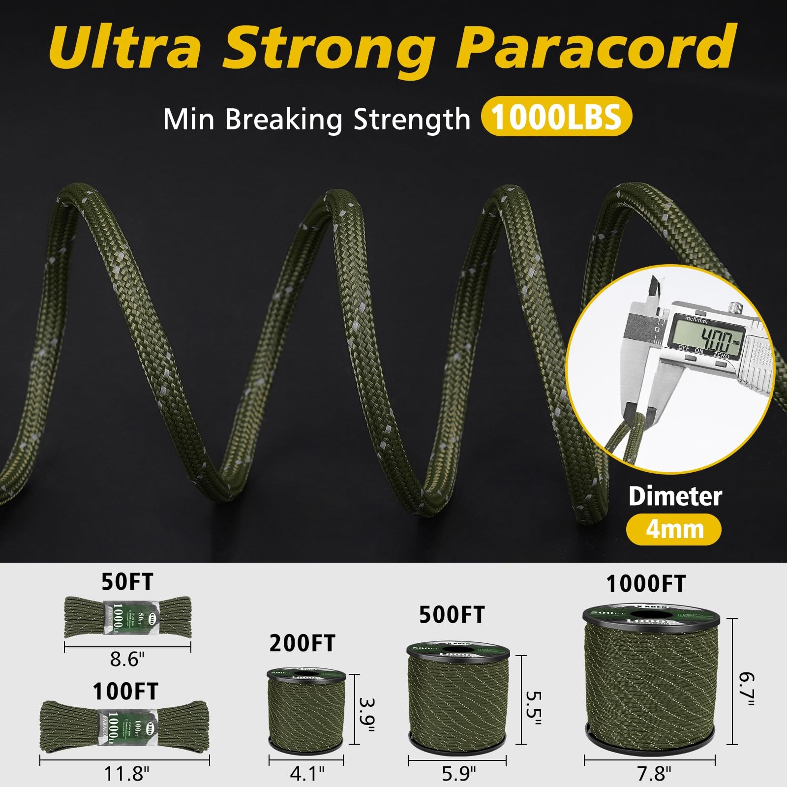 X XBEN Paracord Reflective 1000lb, 50/100/200/500/1000ft 100ft, Army Green