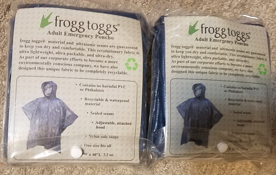 2 New Frogg Toggs Adult Emergency Poncho One Size Fits All 44″W x 40″L 3.2 oz