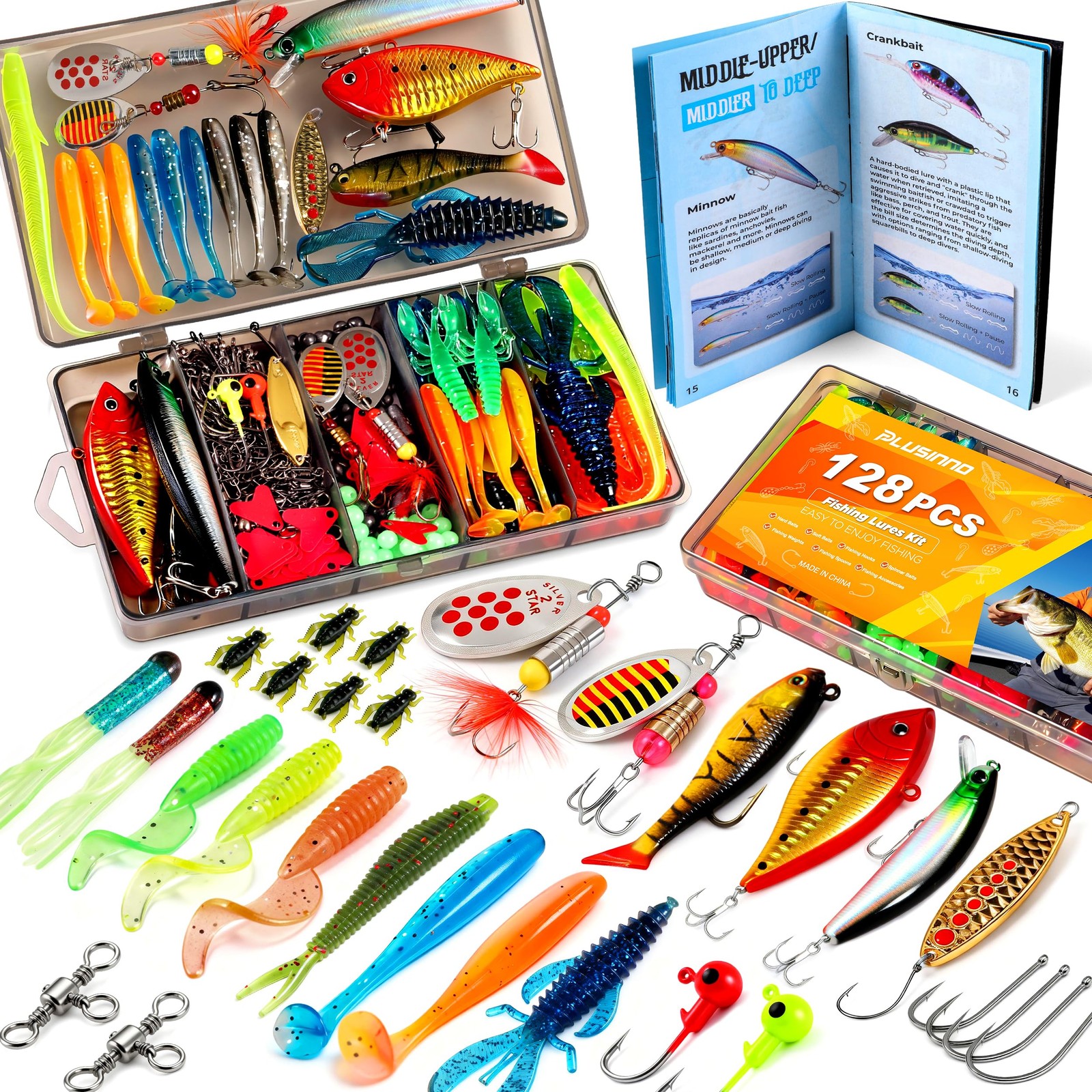PLUSINNO Fishing Lures, 6.9 x 4.7 x 1.2 inches, 128Pcs Lures Kit