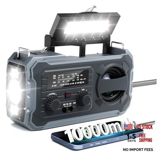 Hand Crank Emergency Radio, 10000mAh Weather Radio with AM/FM/NOAA, Solar Grey