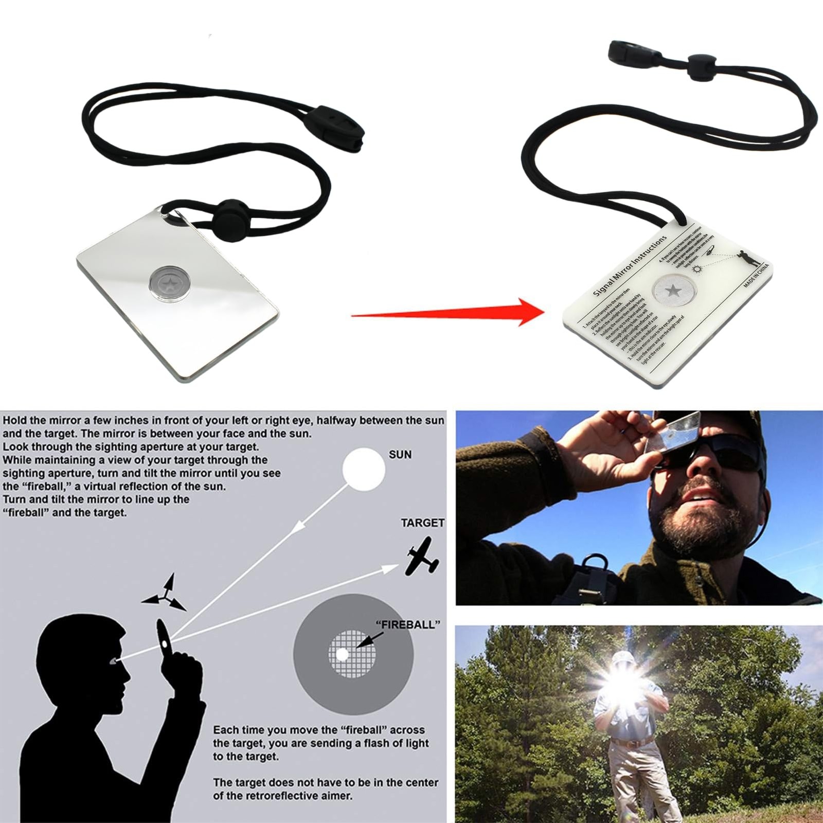 Signal Mirror Survival Kits Military Grade, 2 x 3 in Camping Mirror with Surv…