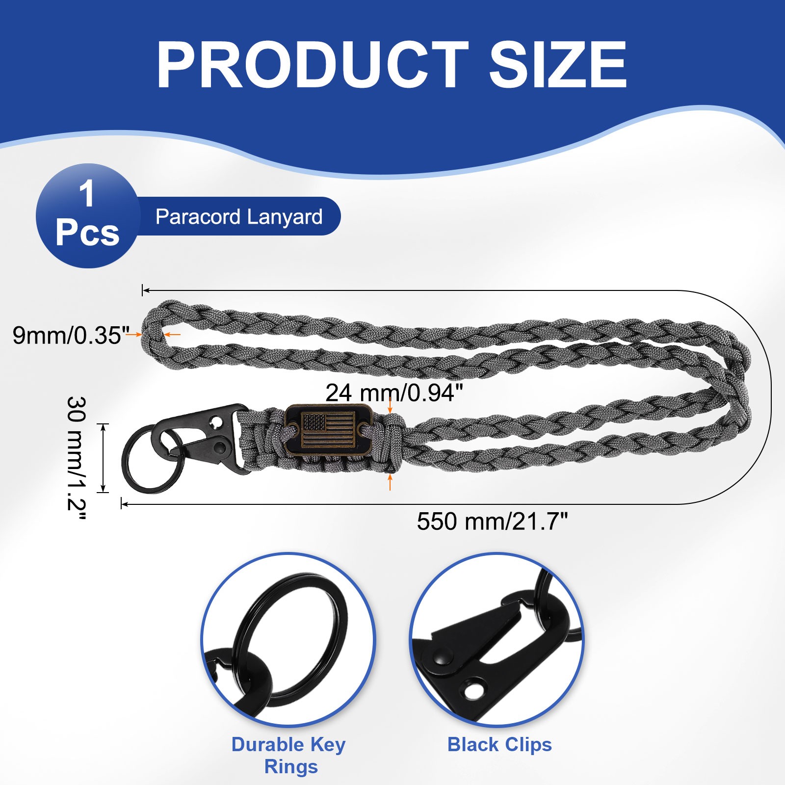 Paracord Lanyard, Strong Lanyard with USA Flag, Grey