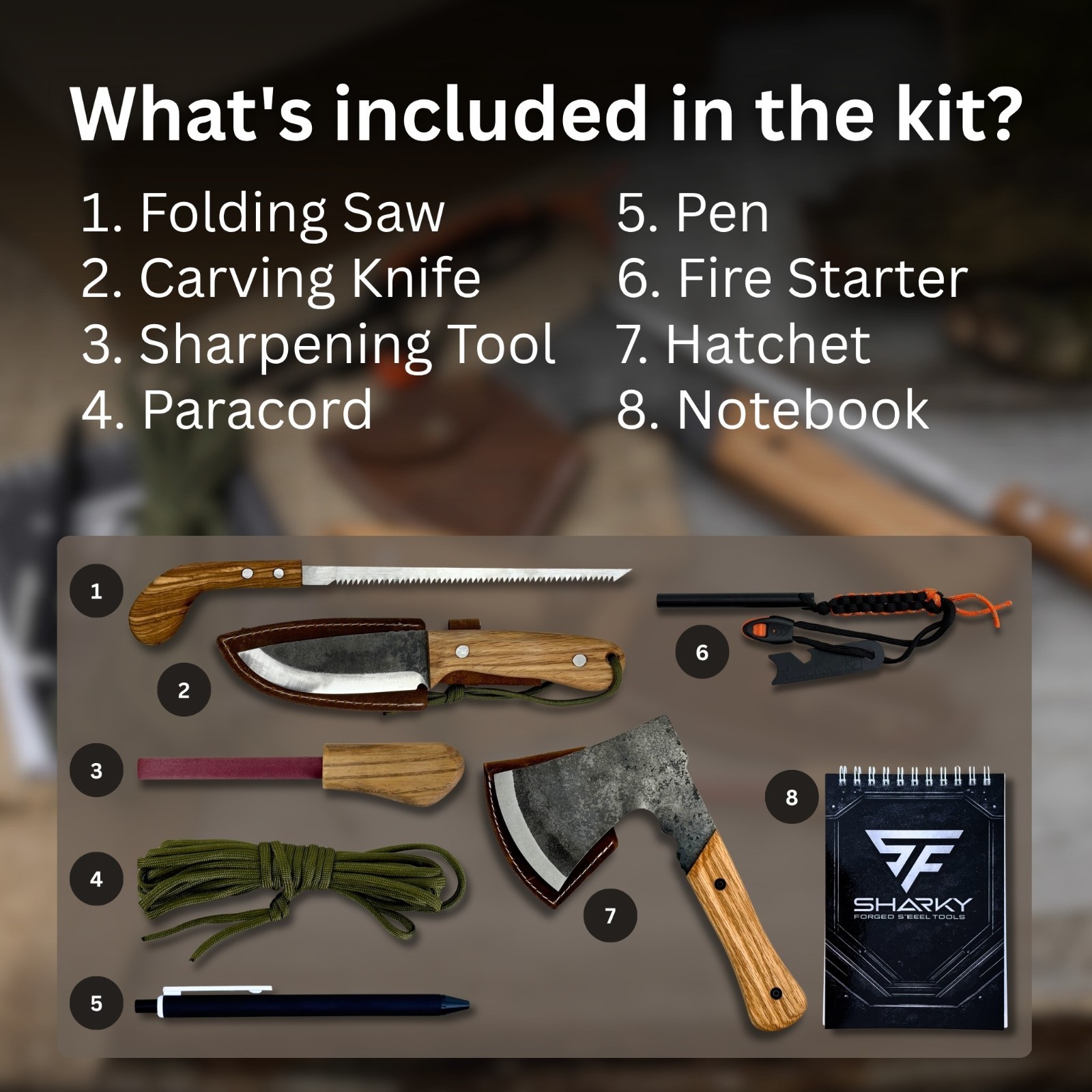 All in 1 Survival Bushcraft Camping Kit Axe Knife Saw Ferro Rod Sharpening Tool