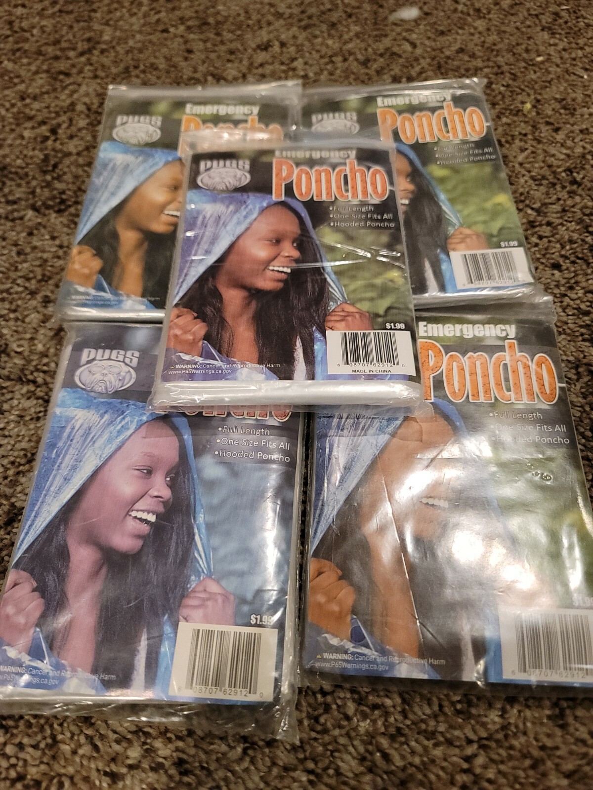 Pugs Emergency Rain Poncho, Full Length, Hooded, Clear, 5 Pack