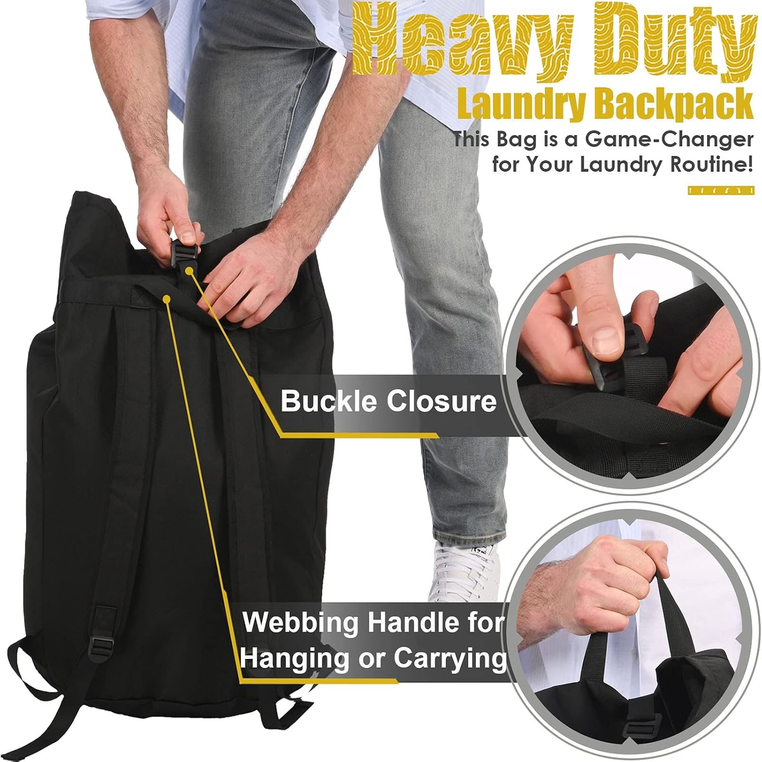 Backpack Laundry Bag, 115L Heavy Duty 15″ x 40″, Black Bag