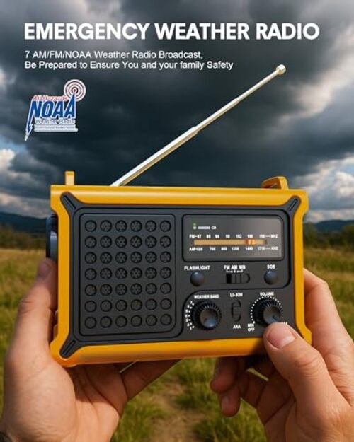 Hand Crank Emergency Radio Solar with 12000mAh Power Bank, Yellow + Black