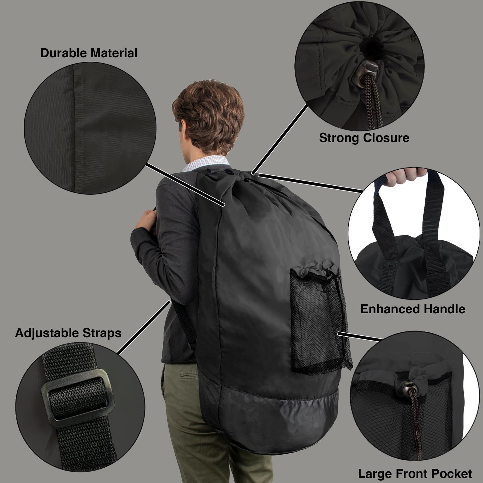 Laundry Bag Backpack with Shoulder Straps and Mesh Large, Charcoal Black