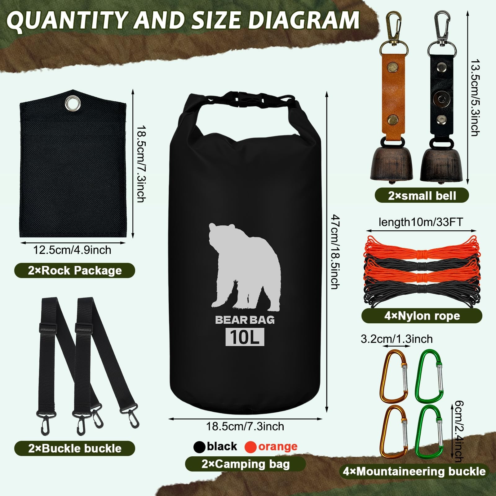 2 Pcs 10L waterproof bear bags with 4 nylon ropes, 4 clips & 2 rock pockets &…