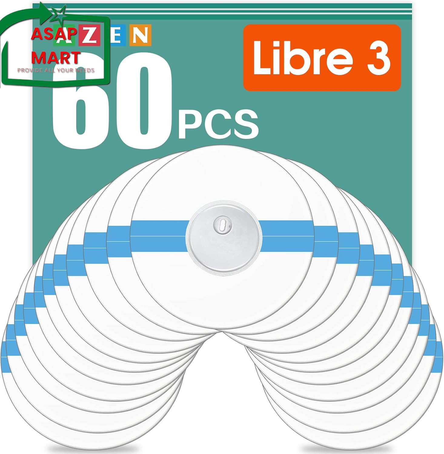 AZEN 60 Pack Freestyle Sensor Covers for Libre 3, Waterproof Adhesive Patches, A