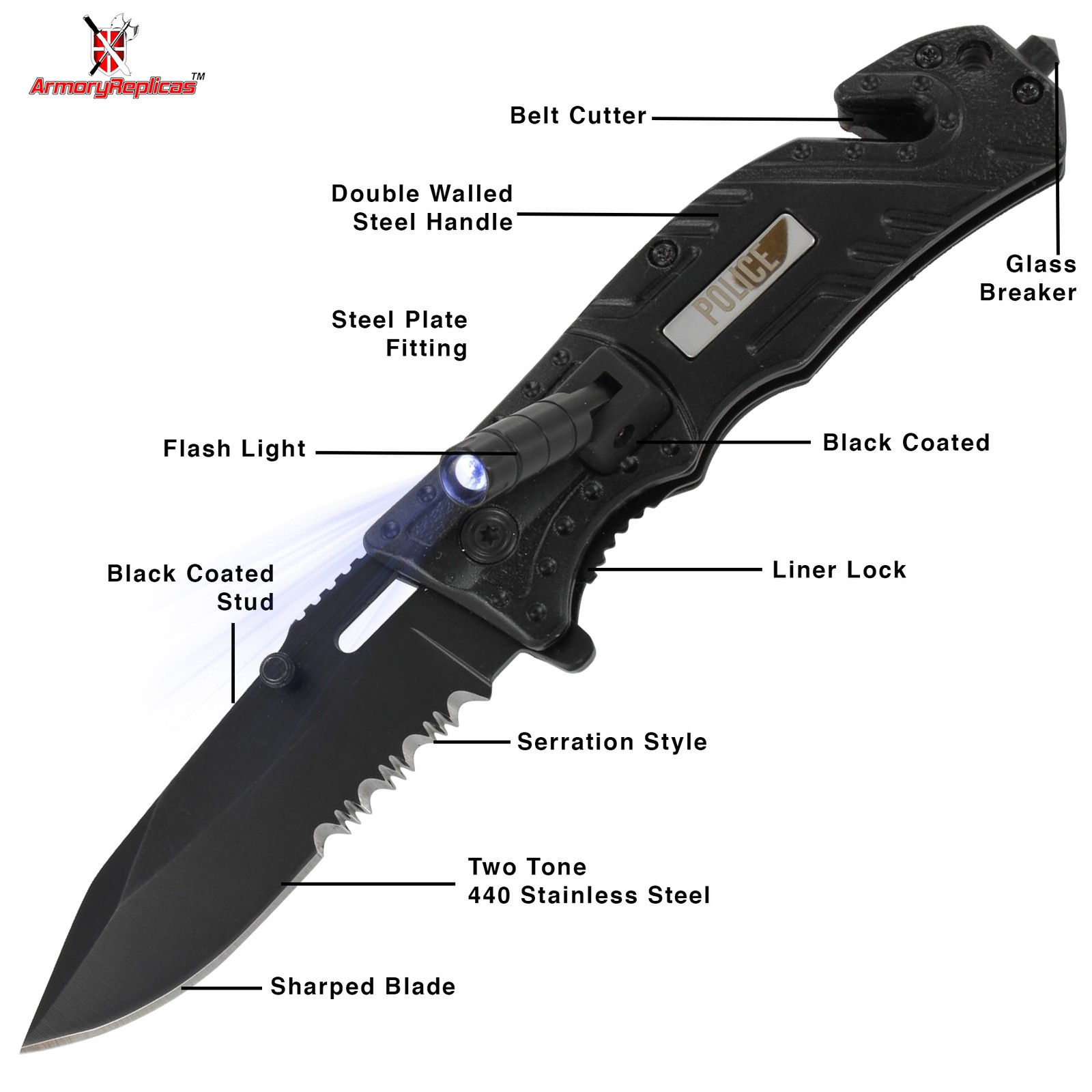 Lethal Defender Emergency Knife | LED Light Pocket Assisted Folding Police Black