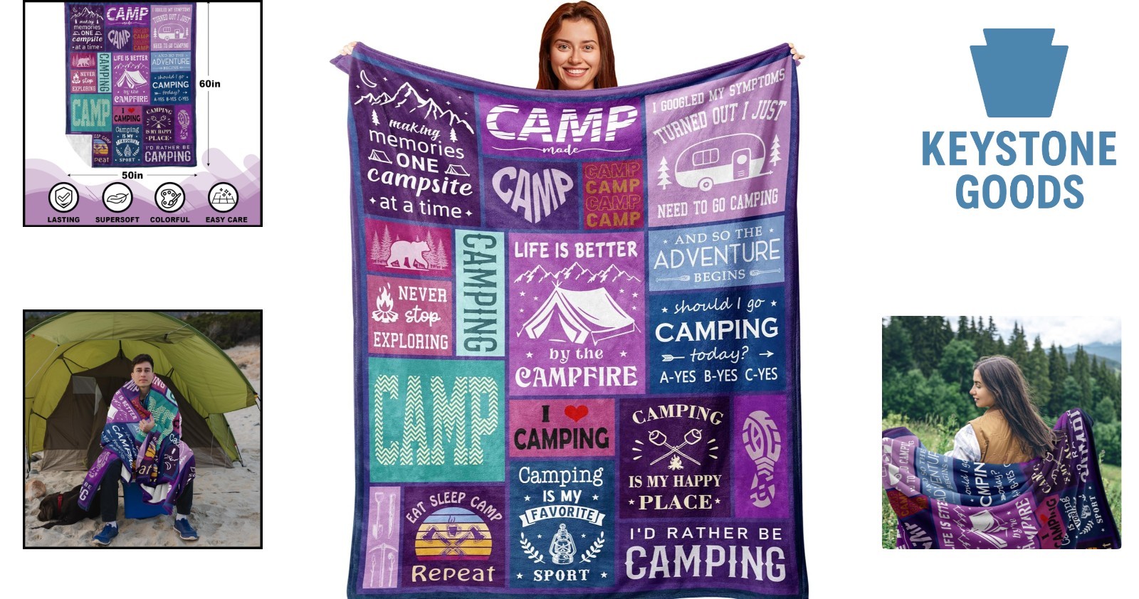 Camping Gift Throw Blanket 60x50in – Soft, Lightweight, All-Season for Camper…