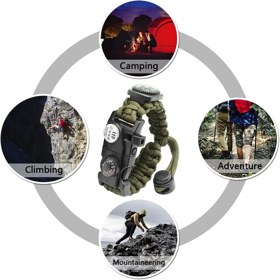 Durable Paracord Survival Bracelet with Whistle, Compass & LED Light – Green