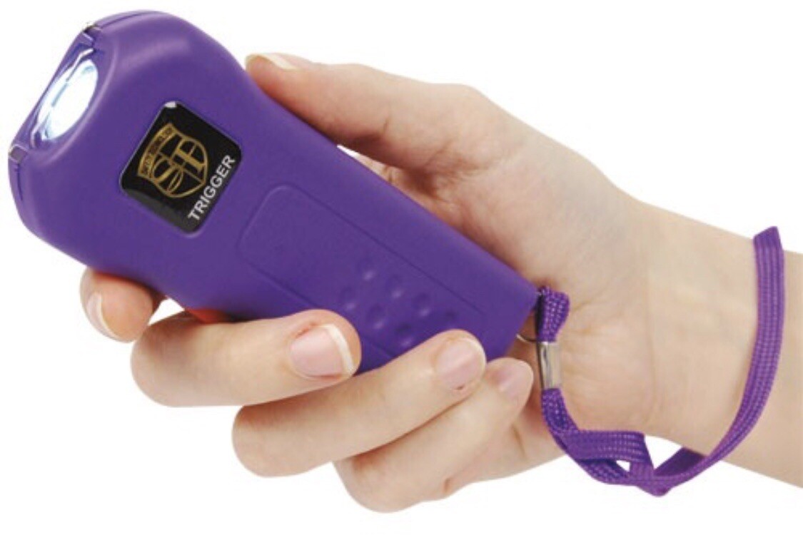 SQUEEZE Rechargeable LED Stun Gun PURPLE Walker Jogger Safety 911 POLICE 75 MV