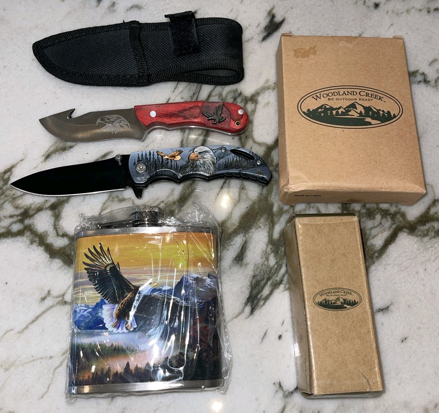 2 knives, one sleeve, one flask, Woodland Creek Be Outdoor Ready Survival Knife