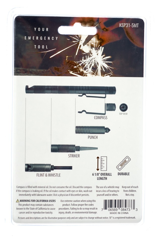 Sona5 in 1 Compact Survival Tool Matte Grey Compass Punch Striker Flint Whistle