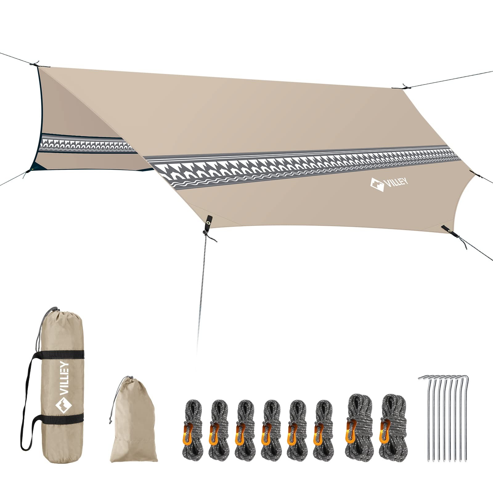VILLEY Hammock Tent Rain Fly, Octagonal Waterproof Camping 10 x11.5FT, Khaki