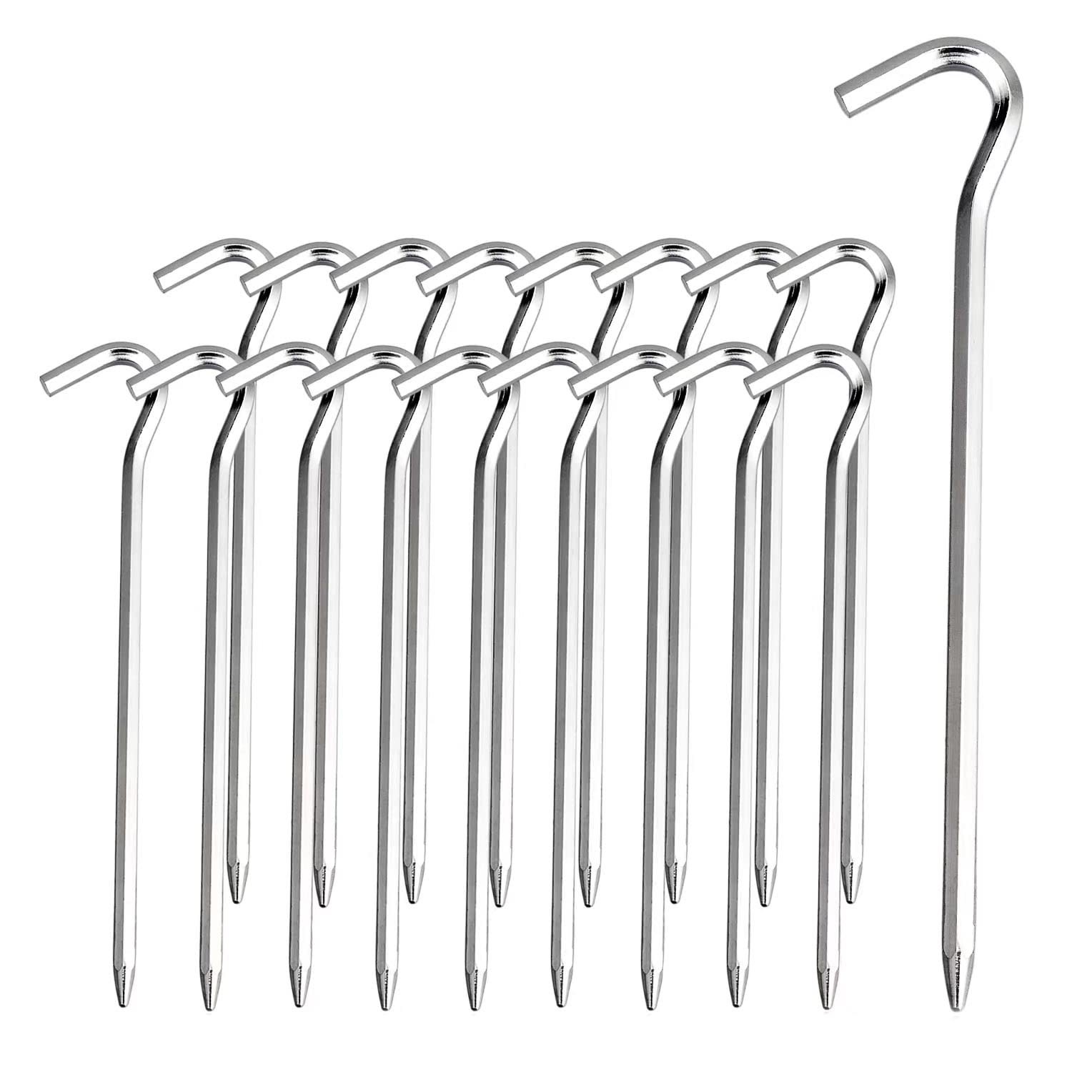 Tent Pegs – 18Pcs Aluminium Stakes with Hook – 7’’ Silver 18pcs