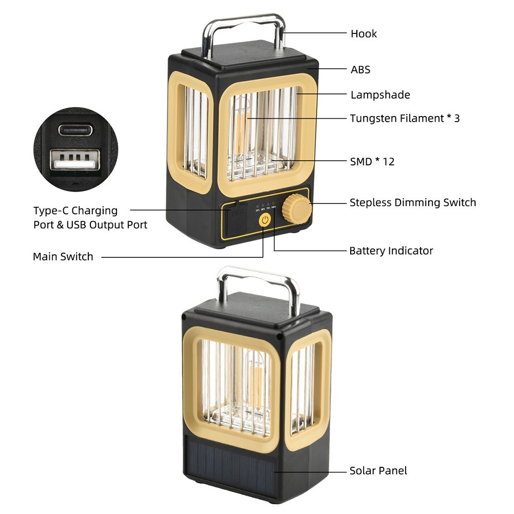 USB and Solar Powered Lantern for Camping Outdoor Activities Waterproof