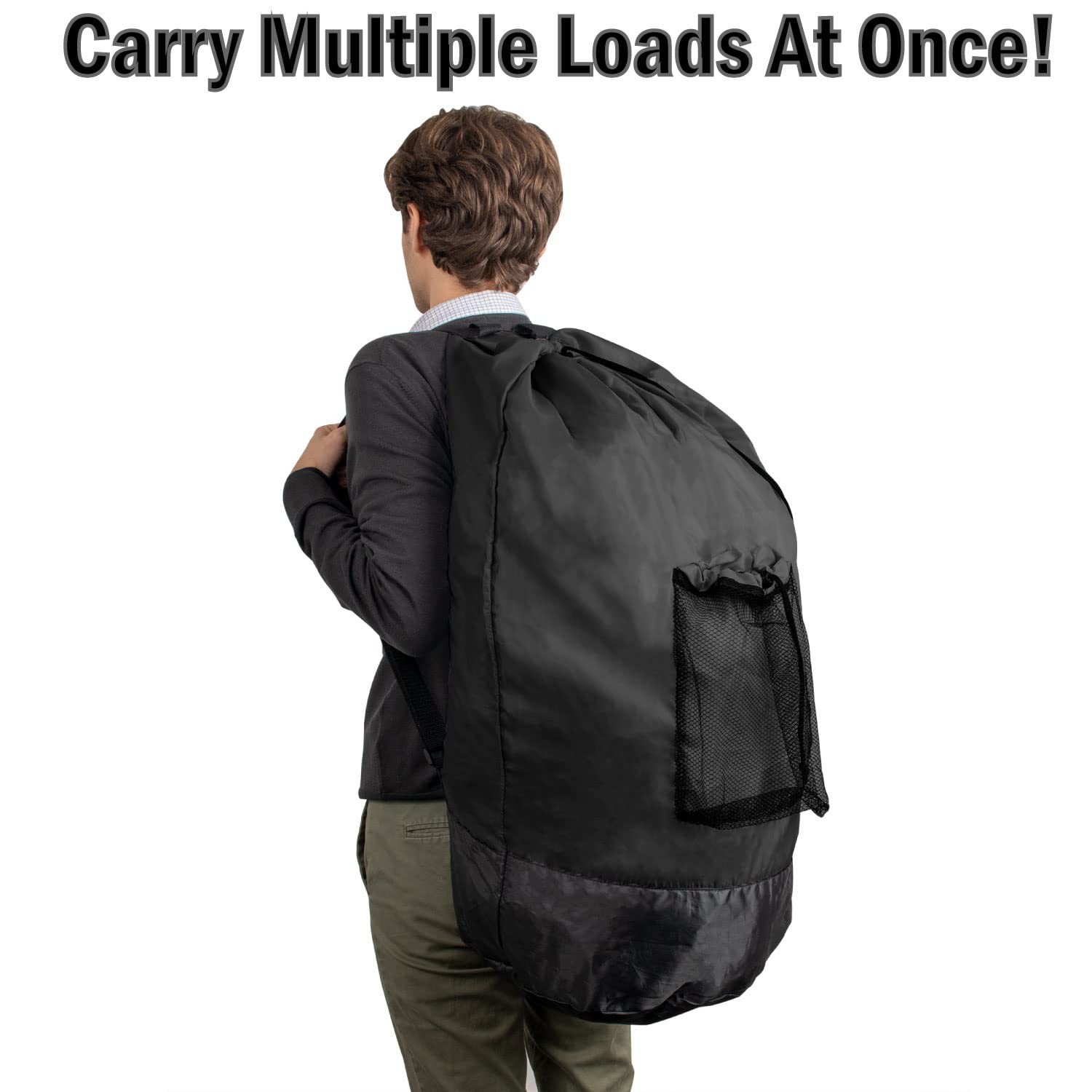 Laundry Bag Backpack with Shoulder Straps and Mesh Large, Charcoal Black