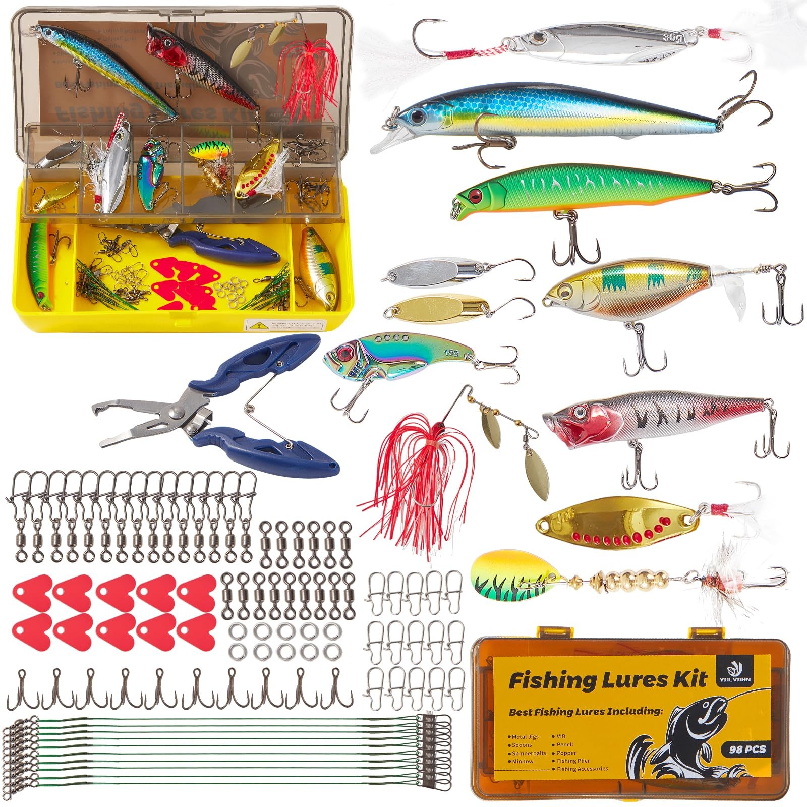 Yulvorn 98PCS Fishing Lure Kit, Tackle Box with Gear for Medium, Colorful