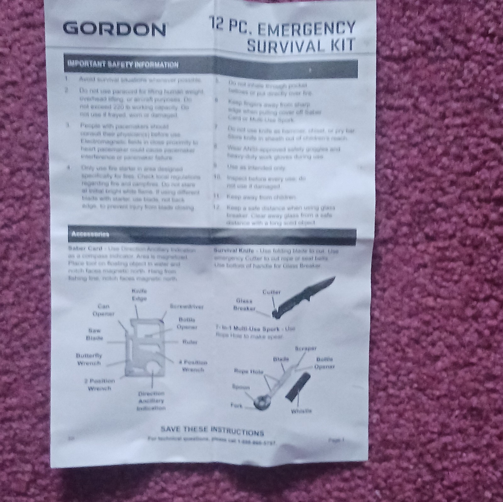 Gordon 12 PC Emergency Survival Kit Black, Knife, Fire Starter, Compass