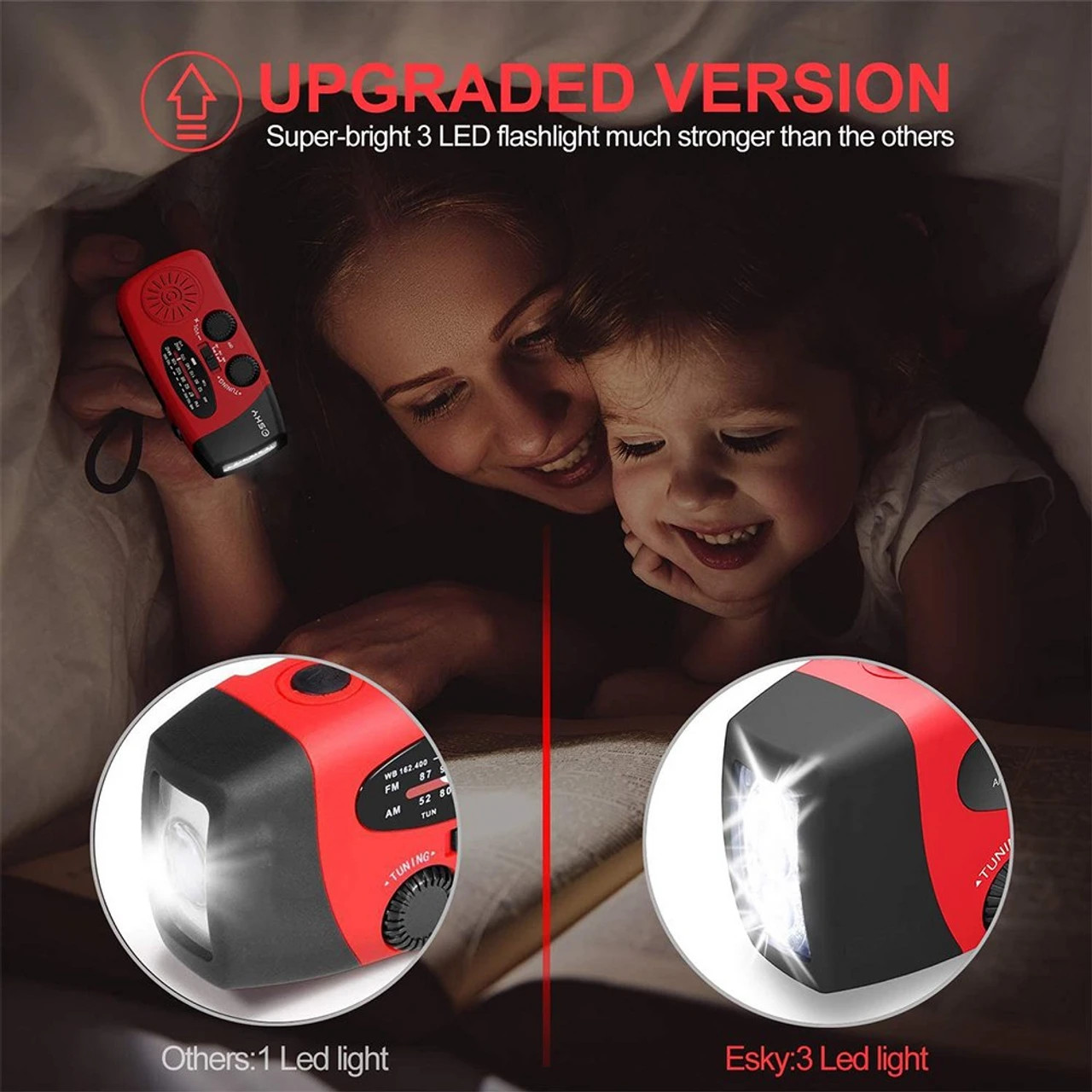 Emergency Crank Solar Power Bank Charger Flash Light Radio Hand Weather 1000mAh