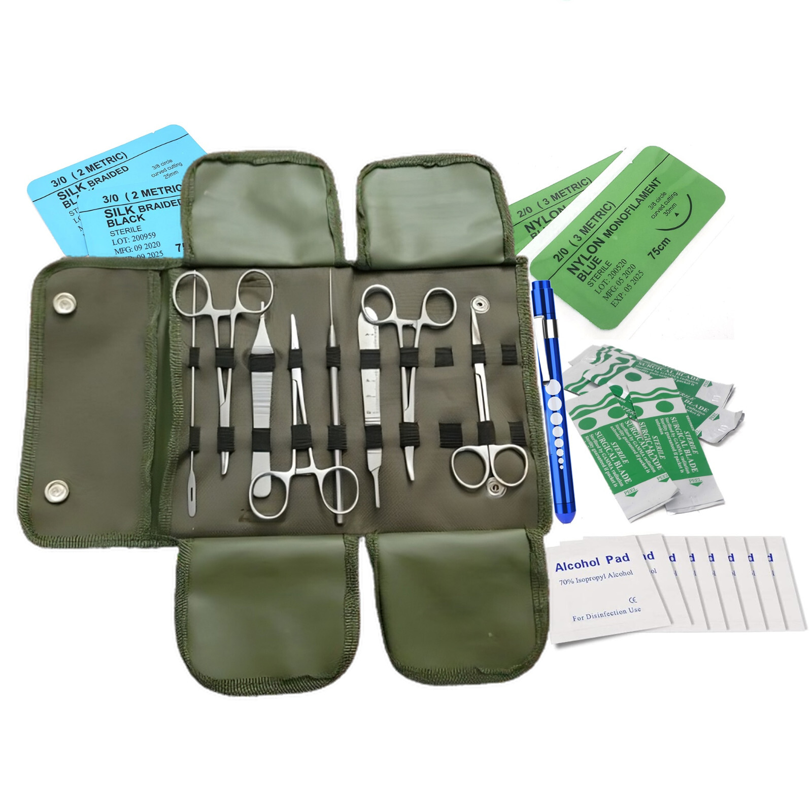 32Pc Army Surgical Kit – Sutures, Scalpel, Hemostat – Green – Military First Aid