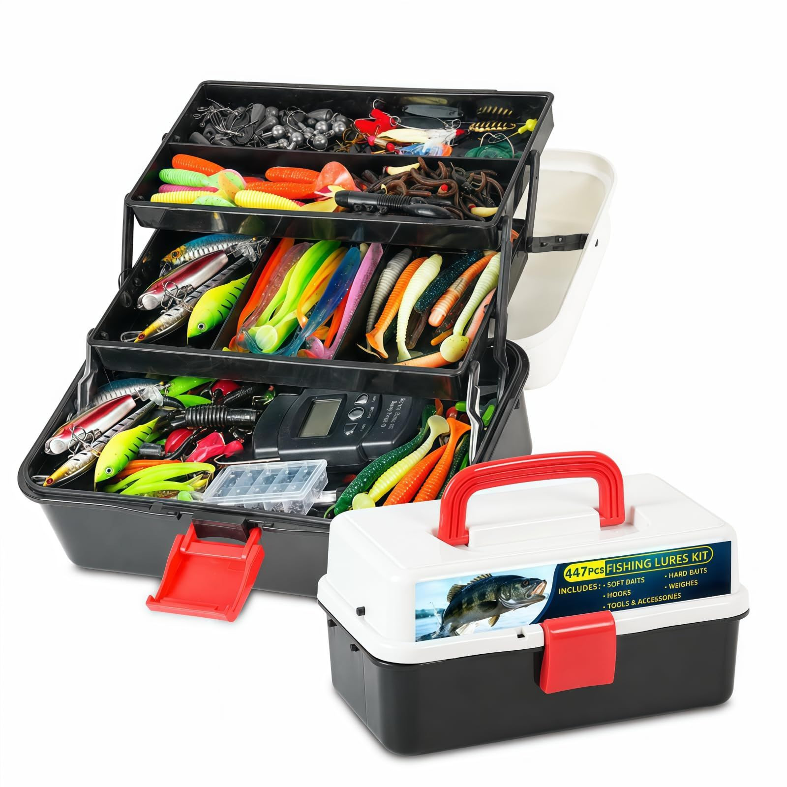 CALVES 447Pcs Fishing Lures Kit with 3-Layer Tackle Box, Black and white