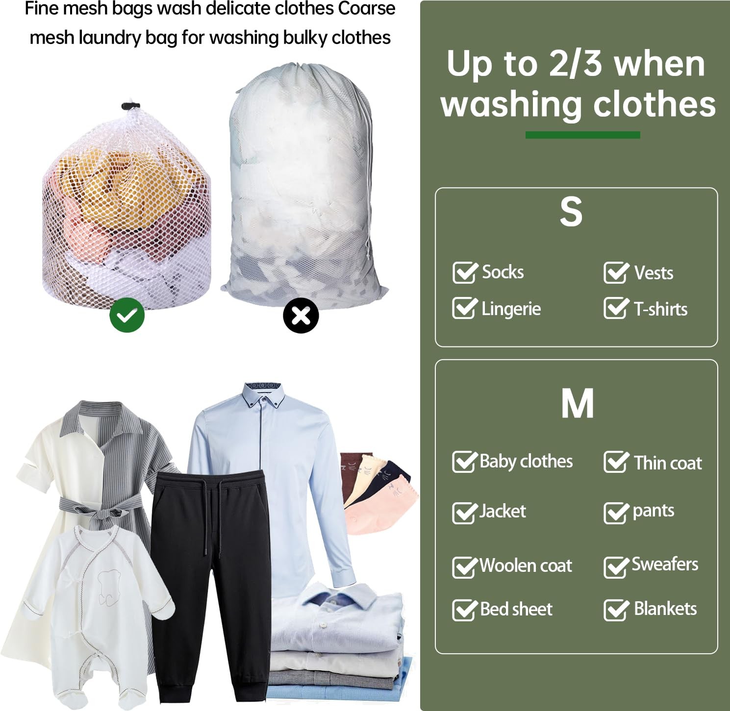 2 Packs Laundry Mesh Bags, Drawstring Net Bag for Large, White