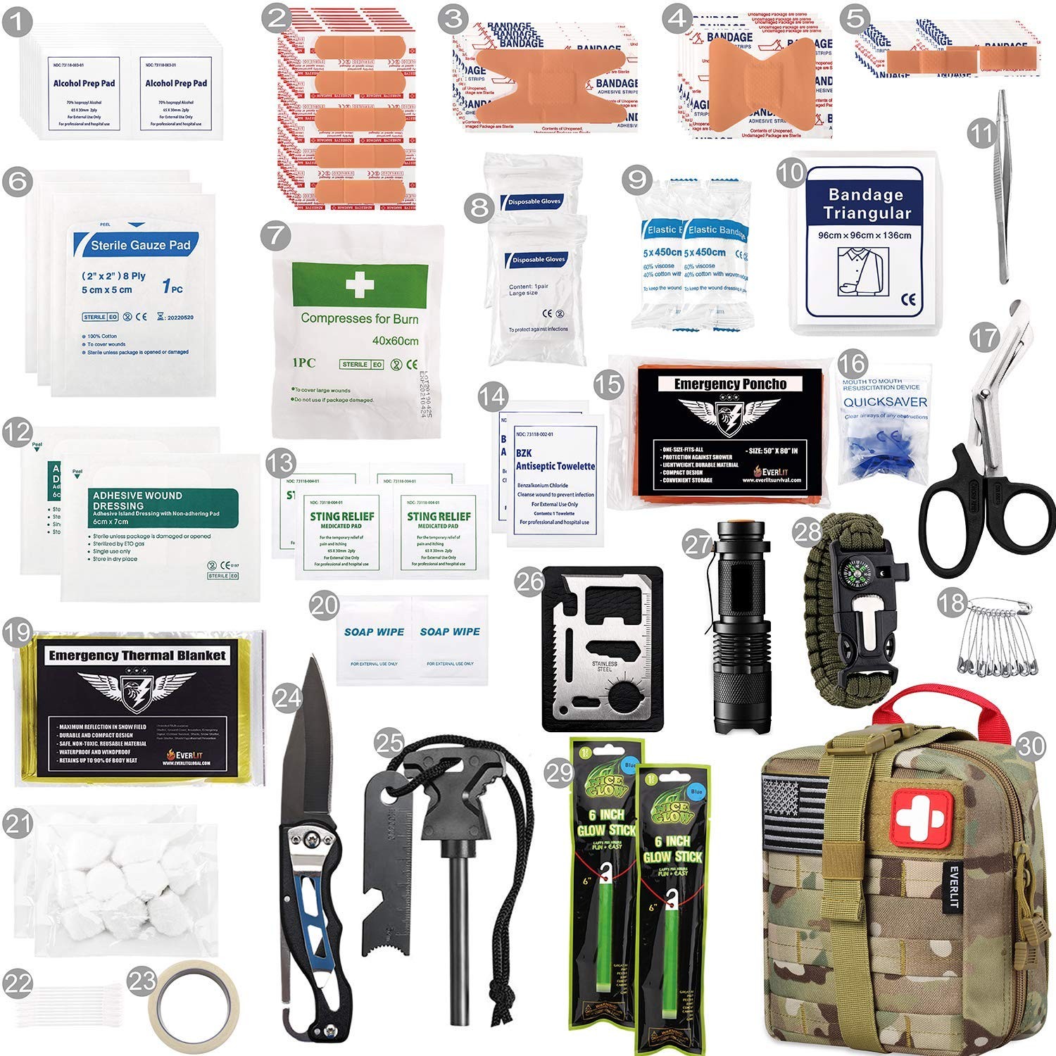 Everlit 250 Pieces Survival First Aid Kit Ifak Emt Molle Pouch Surviva