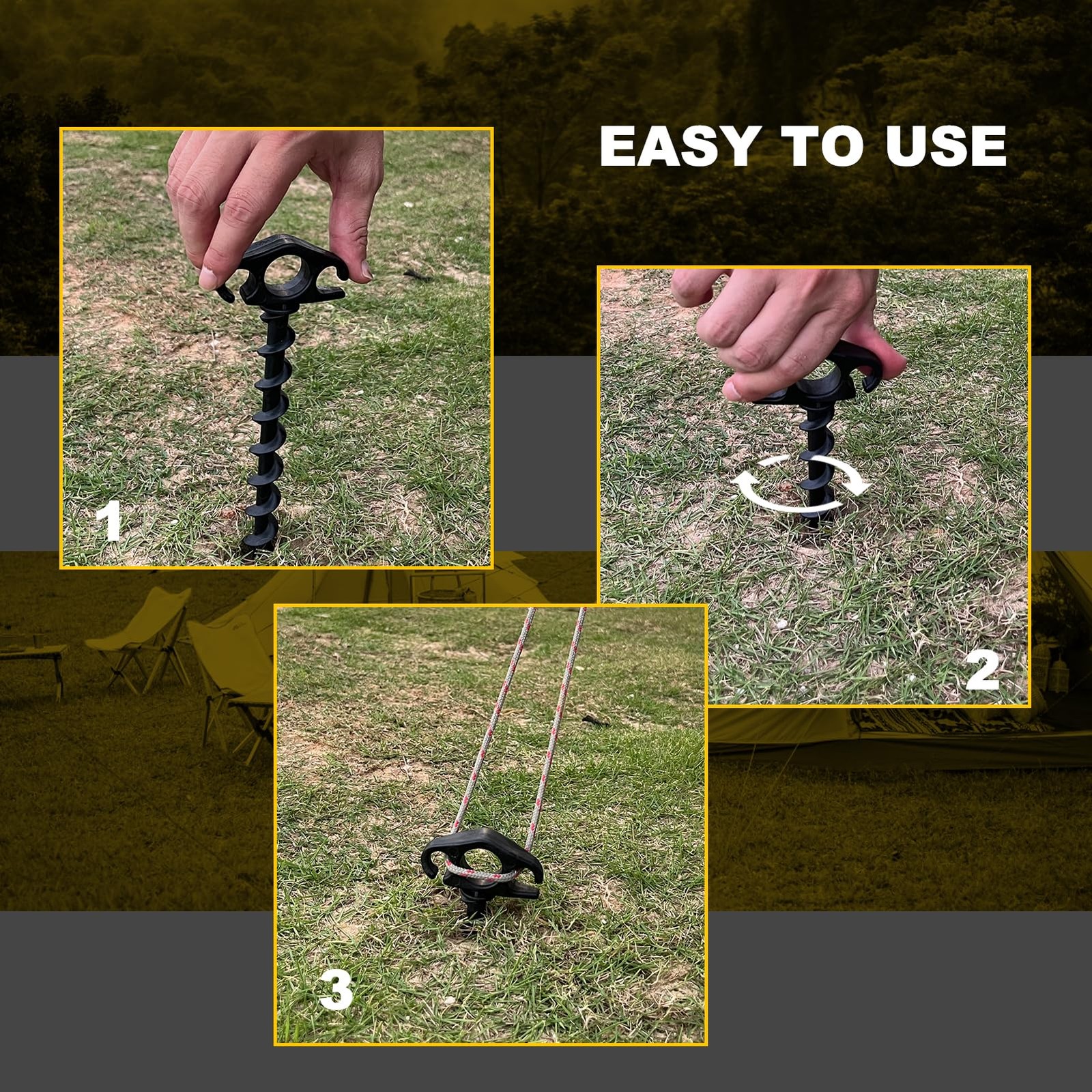COBARYEN Tent Stakes Ground Anchors Screw in, 6 Pack Sand for Black