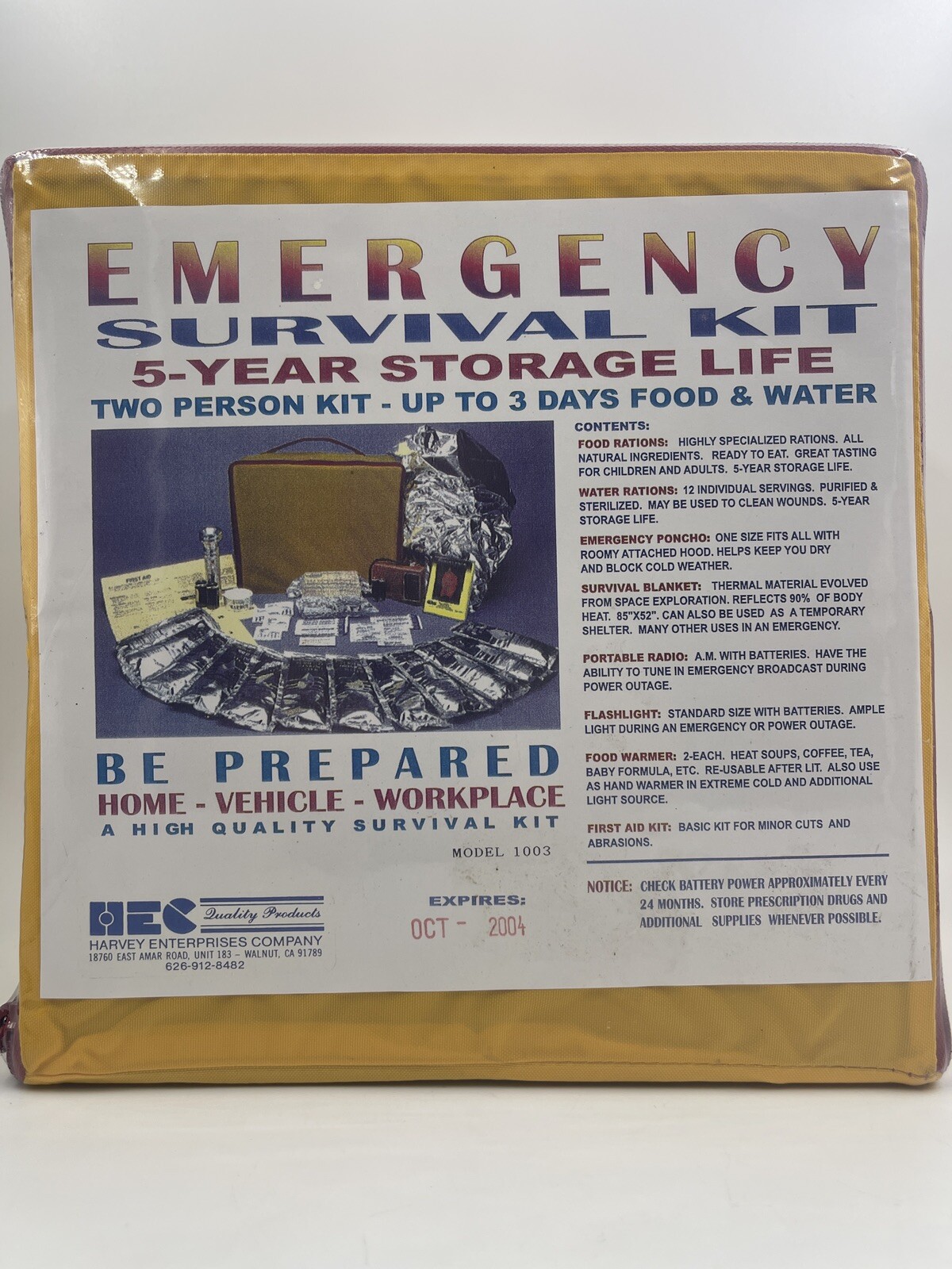 Harvey Enterprises Vintage 1990’s Emergency Earthquake Survival Kit Sealed