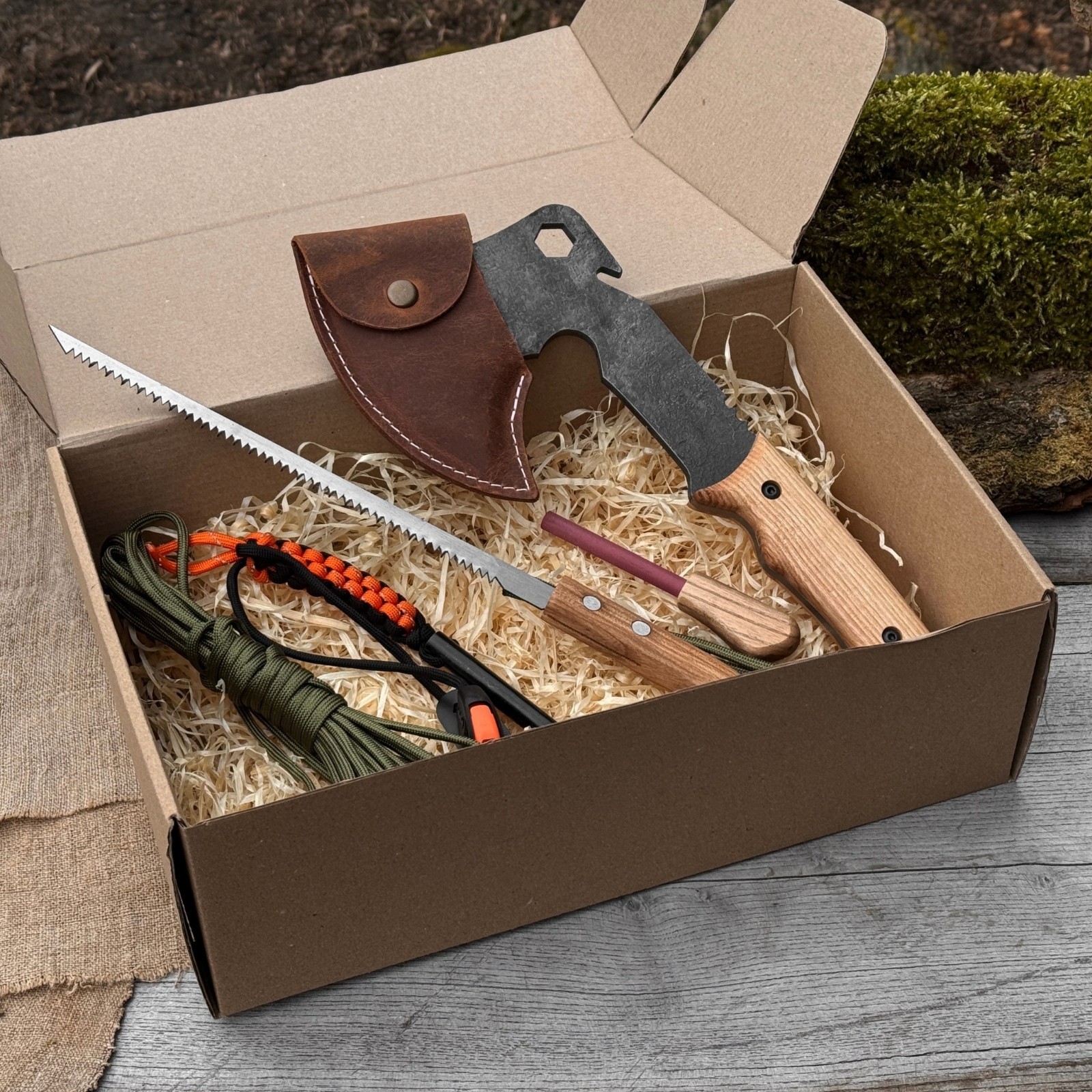 Bushcraft Kit with Camping Axe Saw Ferro Rod Sharpening Tool for Hiking Fishing