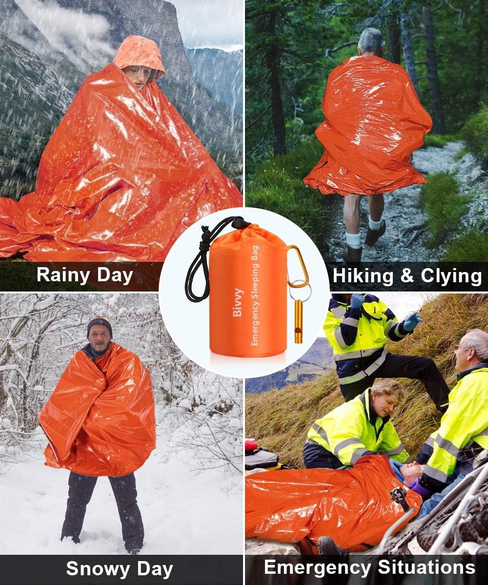 2 Pack Emergency Sleeping Bag Outdoor Camping Gear For Hiking Survival Whistle