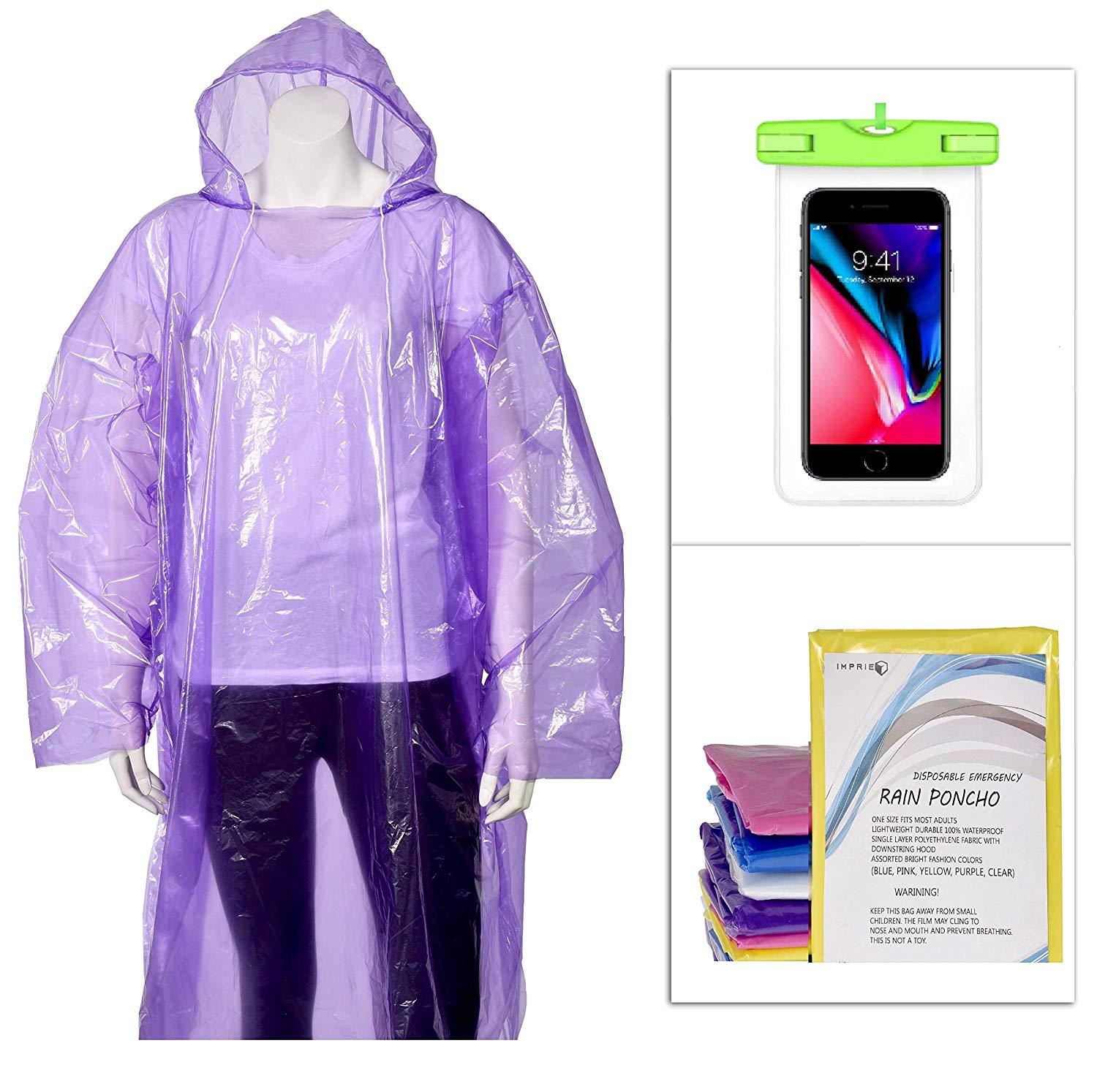RAIN PONCHOS Survival W/Hood Drawstring FREE Phone Pouch Waterproof EMERGENCY