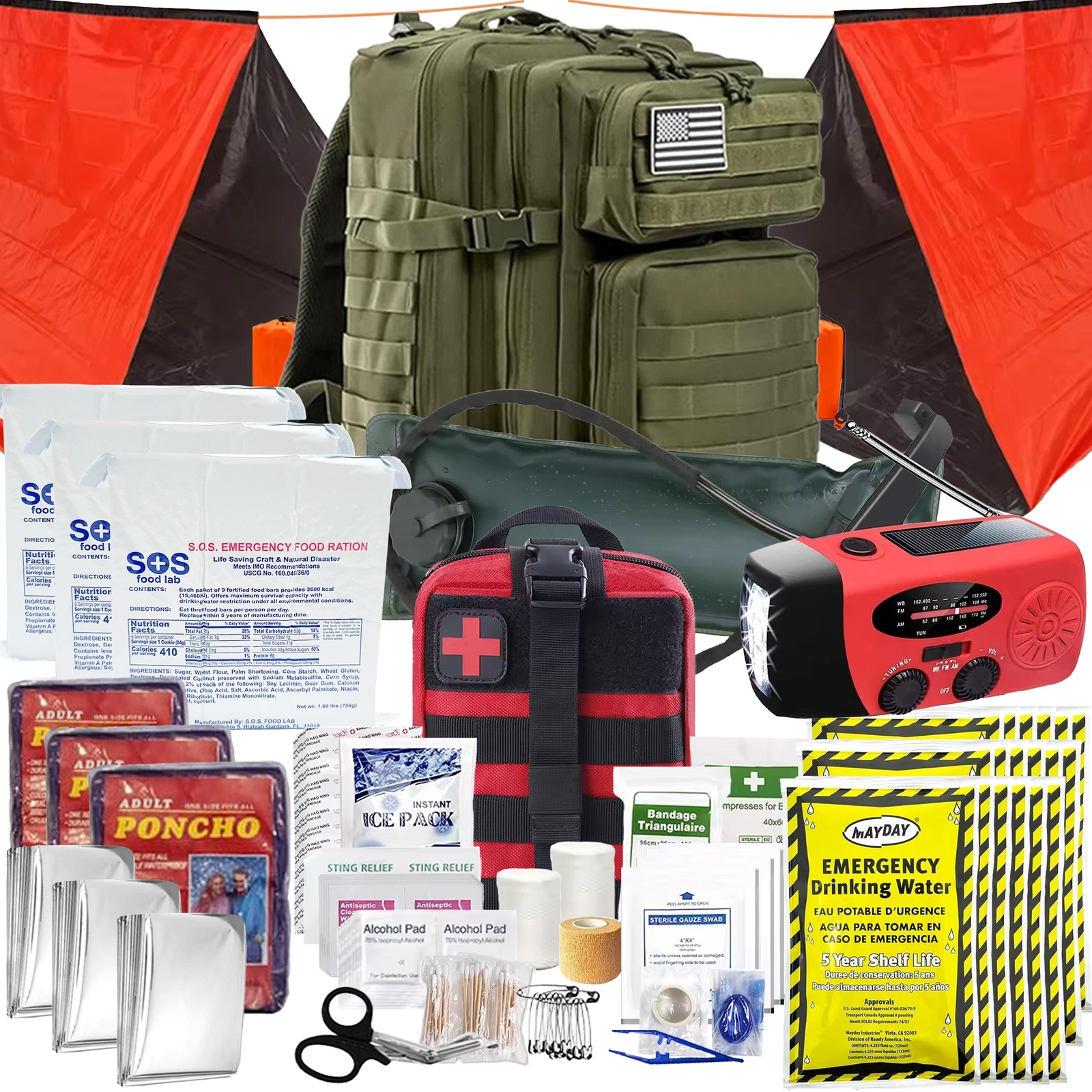 3 Person 72 Hour Survival Bug Out Bag with Backpack, Food, Water, and Shelter