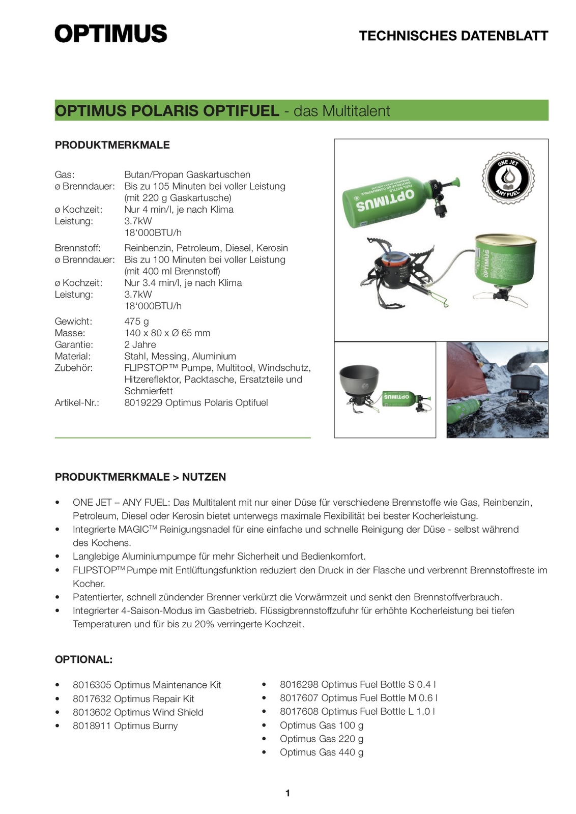 Optimus Polaris Multifuel Cooker with 0.4L Fuel Bottle (Unfilled)